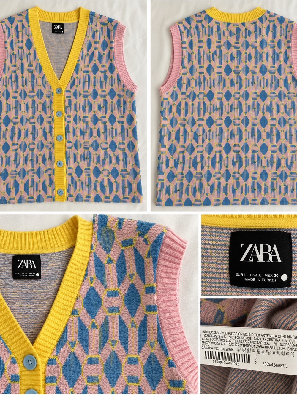 Zara Pink & Blue Geometric Knit Vest with Yellow Trim